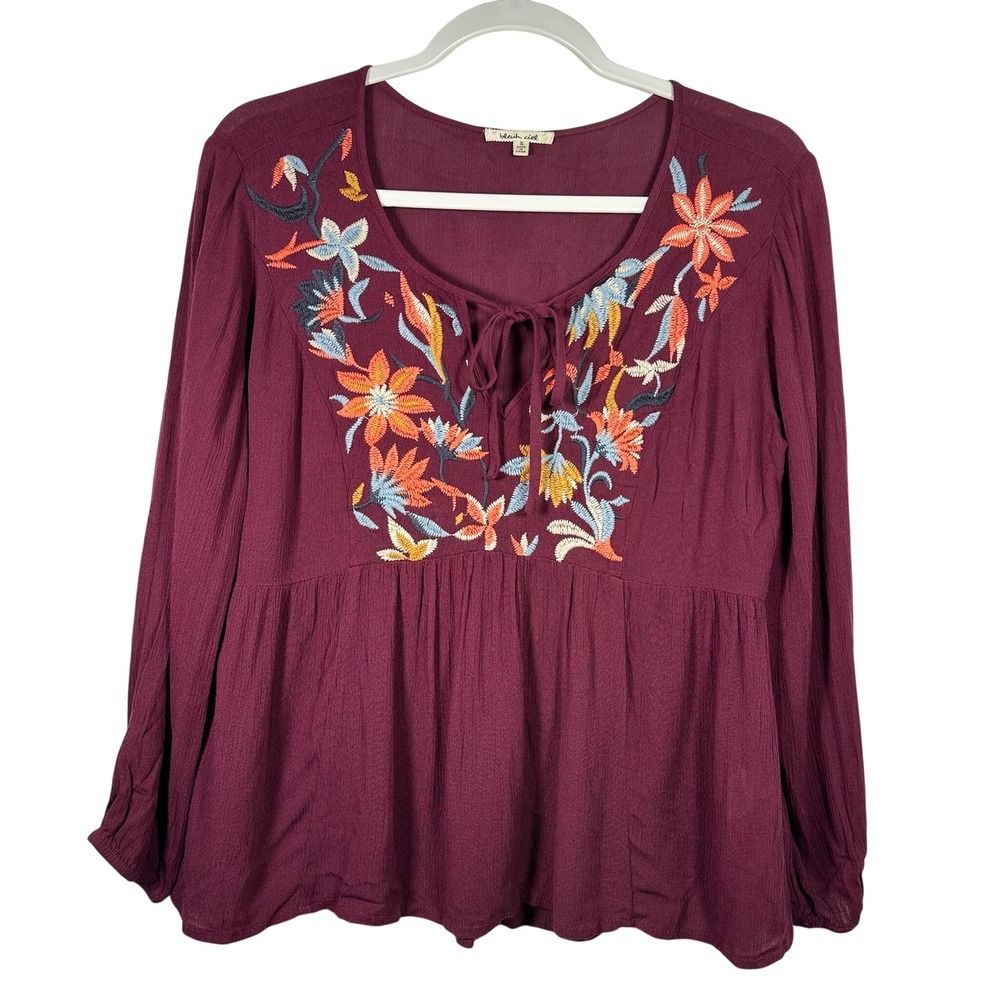 Bleuh Ciel Burgundy Floral Embroidered Boho‎ Peplum Blouse Small Tie Front